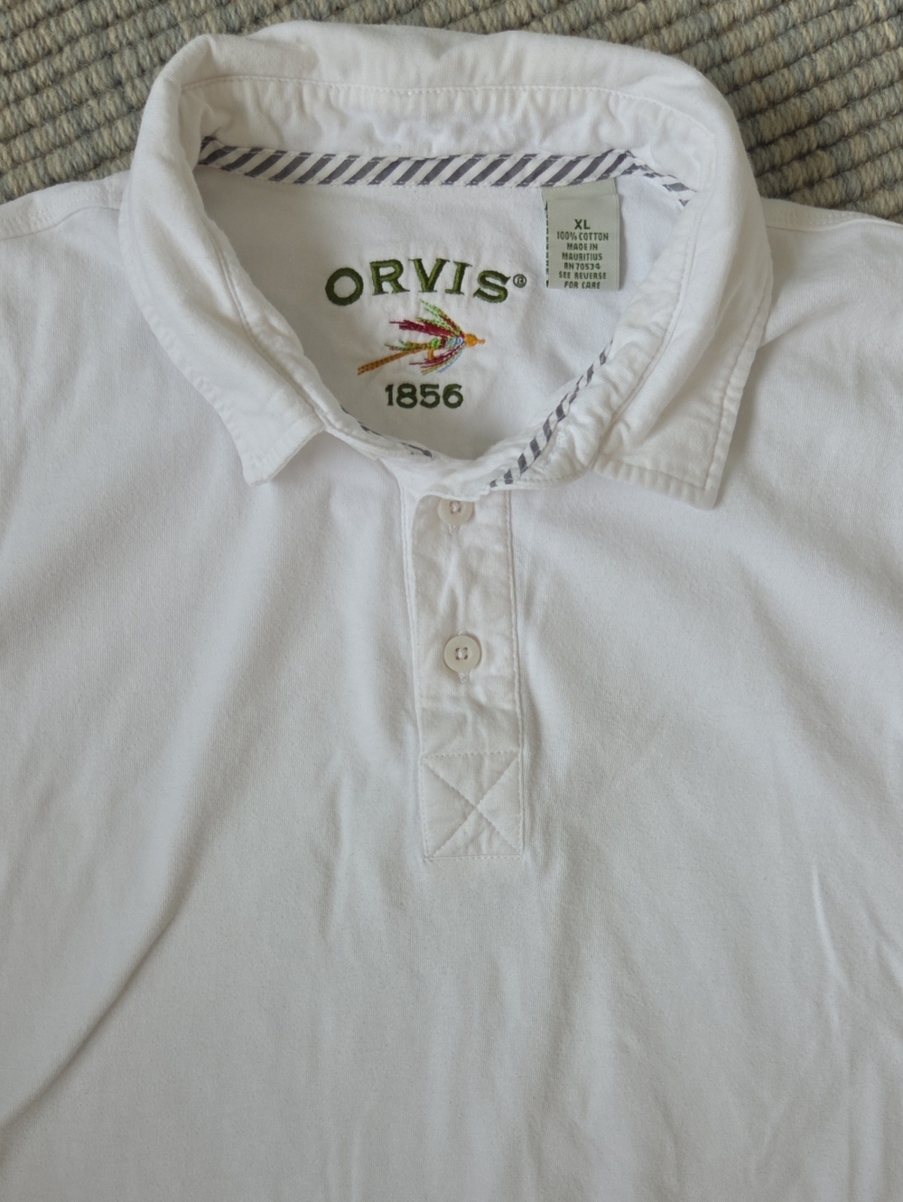 Orvis Men's XL White Signature Cotton Pique Polo Embroidered Fly 1856, XL